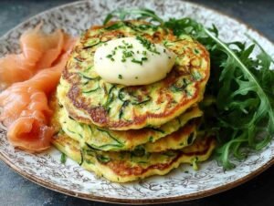 Pancakes salés à la courgette dorés dans une poêle