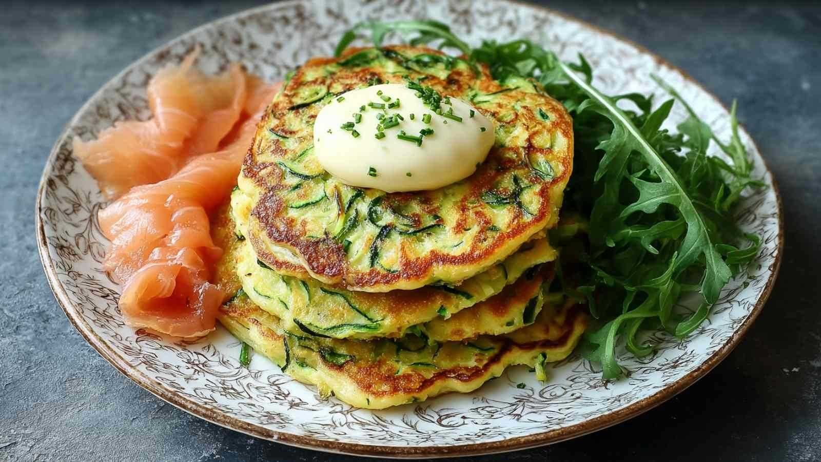 Pancakes salés à la courgette dorés dans une poêle