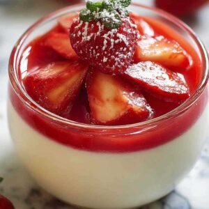 Panna cotta crémeuse garnie de coulis de fraises dans une verreine en verre