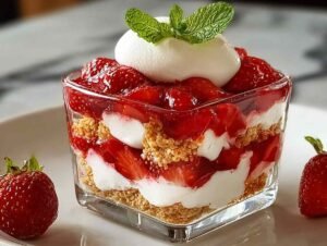 Parfait à la fraise terminé en verrines avec décoration menthe