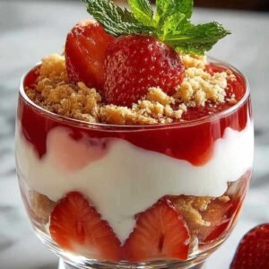 Parfait à la fraise terminé en verrines avec décoration menthe