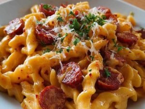 Assiette de pâtes crémeuses au chorizo avec parmesan et persil