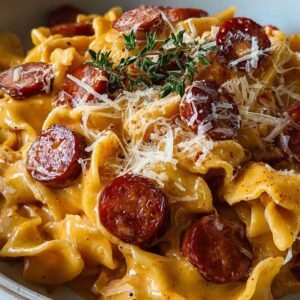 Assiette de pâtes crémeuses au chorizo avec parmesan et persil