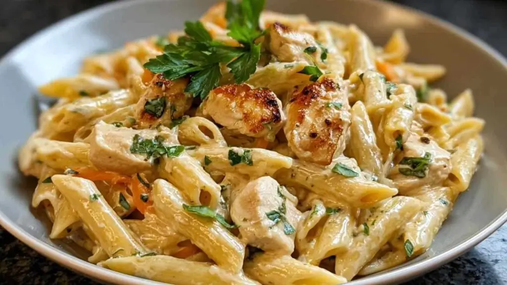 Pâtes au Poulet Épouse-moi 1 Assiette de pâtes au poulet crémeuses avec basilic frais