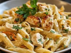 Assiette de pâtes au poulet crémeuses avec basilic frais