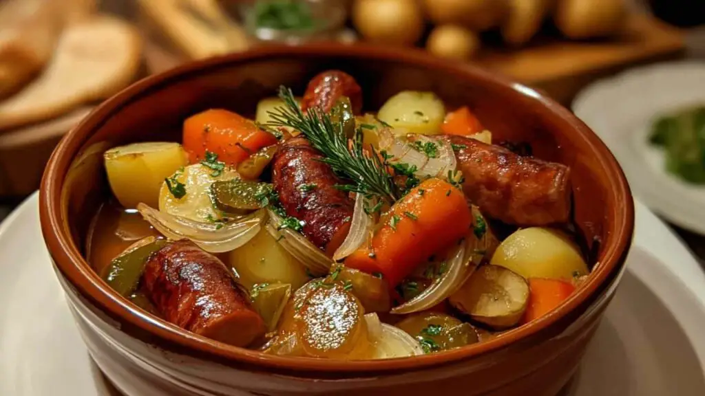 Potée aux Saucisses et Légumes 1 Potée aux saucisses fumées mijotant dans une cocotte en fonte