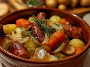 Potée aux saucisses fumées mijotant dans une cocotte en fonte