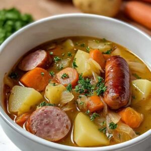 Potée aux Saucisses et Légumes 3 Potée aux saucisses et légumes mijotant dans une cocotte traditionnelle