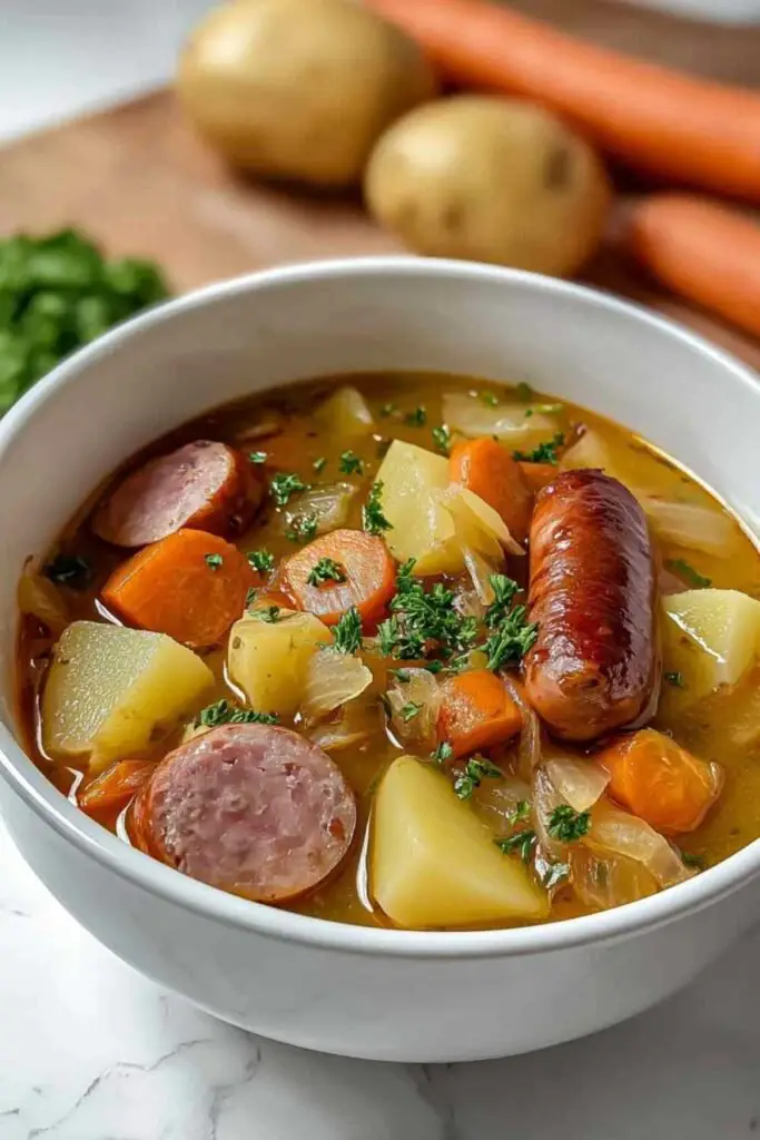 Potée aux Saucisses et Légumes 2 Potée aux saucisses et légumes mijotant dans une cocotte traditionnelle