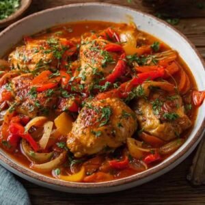 Poulet Basquaise à l'Ancienne 3 Poulet basquaise à l'ancienne servi dans une cocotte avec poivrons colorés