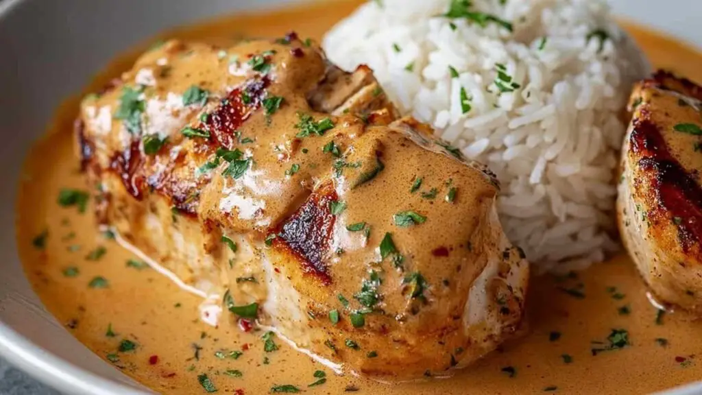 Poulet Cajun Crémeux 1 Poulet cajun crémeux servi dans une assiette avec du riz