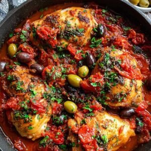 Poulet à la puttanesca servi dans une poêle avec sauce tomate aux olives