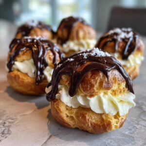 Gros plan sur des profiteroles classiques françaises garnies de crème et nappées de sauce au chocolat, saupoudrées de sucre glace.