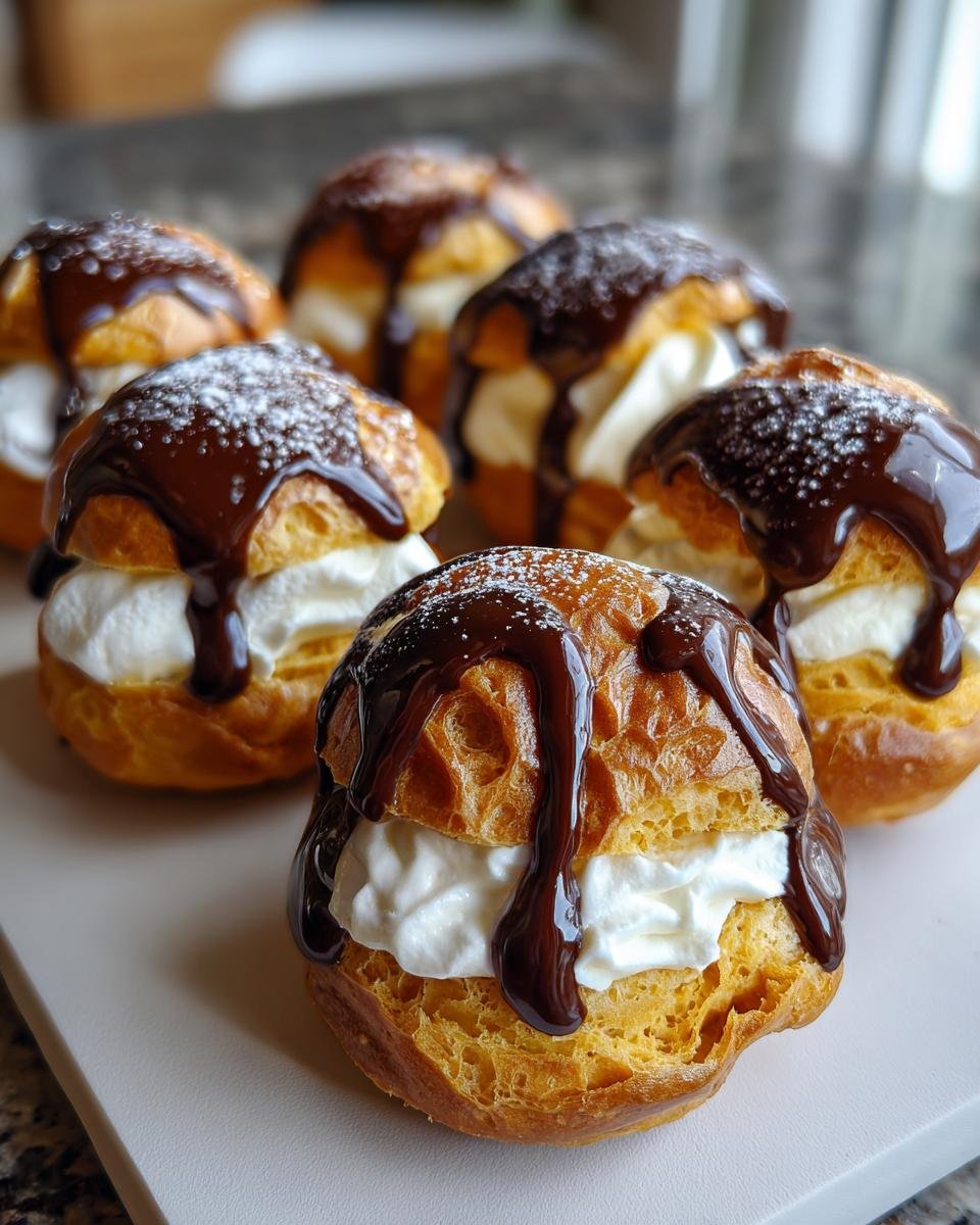 Gros plan sur des profiteroles classiques françaises garnies de crème fouettée et nappées de sauce au chocolat.