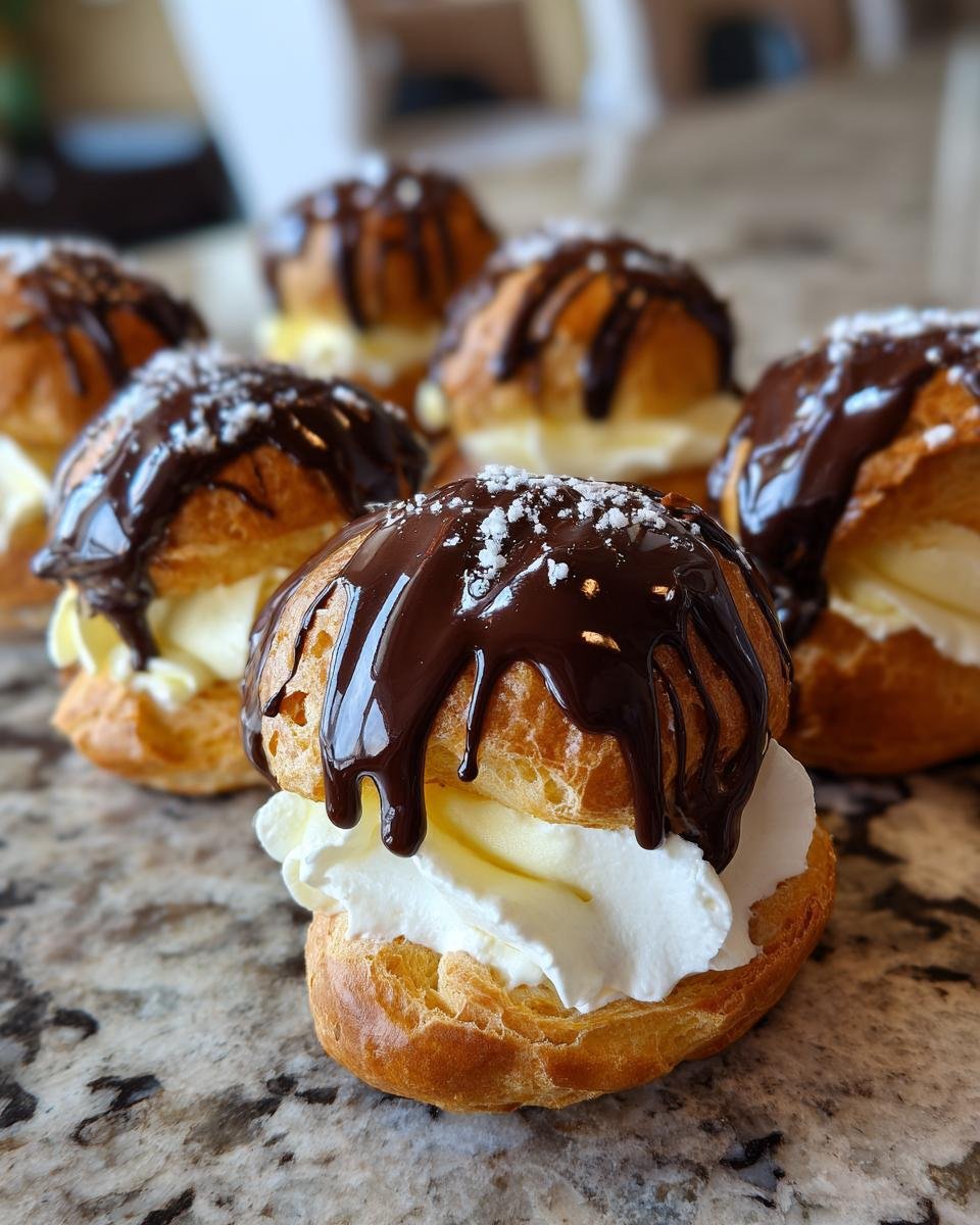 Gros plan sur des profiteroles classiques françaises garnies de crème et nappées de sauce au chocolat.