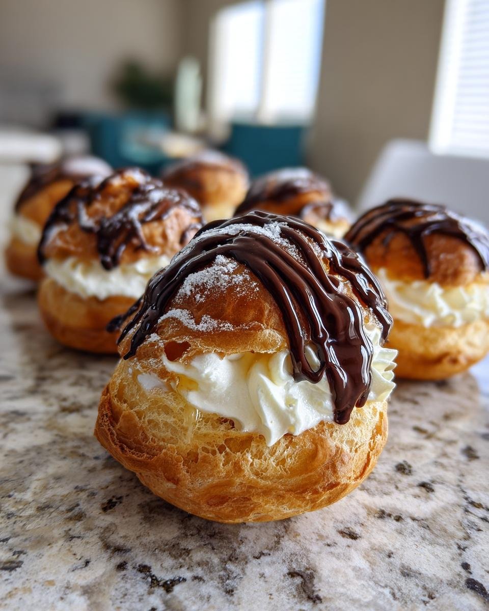 Gros plan de profiteroles classiques françaises garnies de crème fouettée et nappées de sauce au chocolat.
