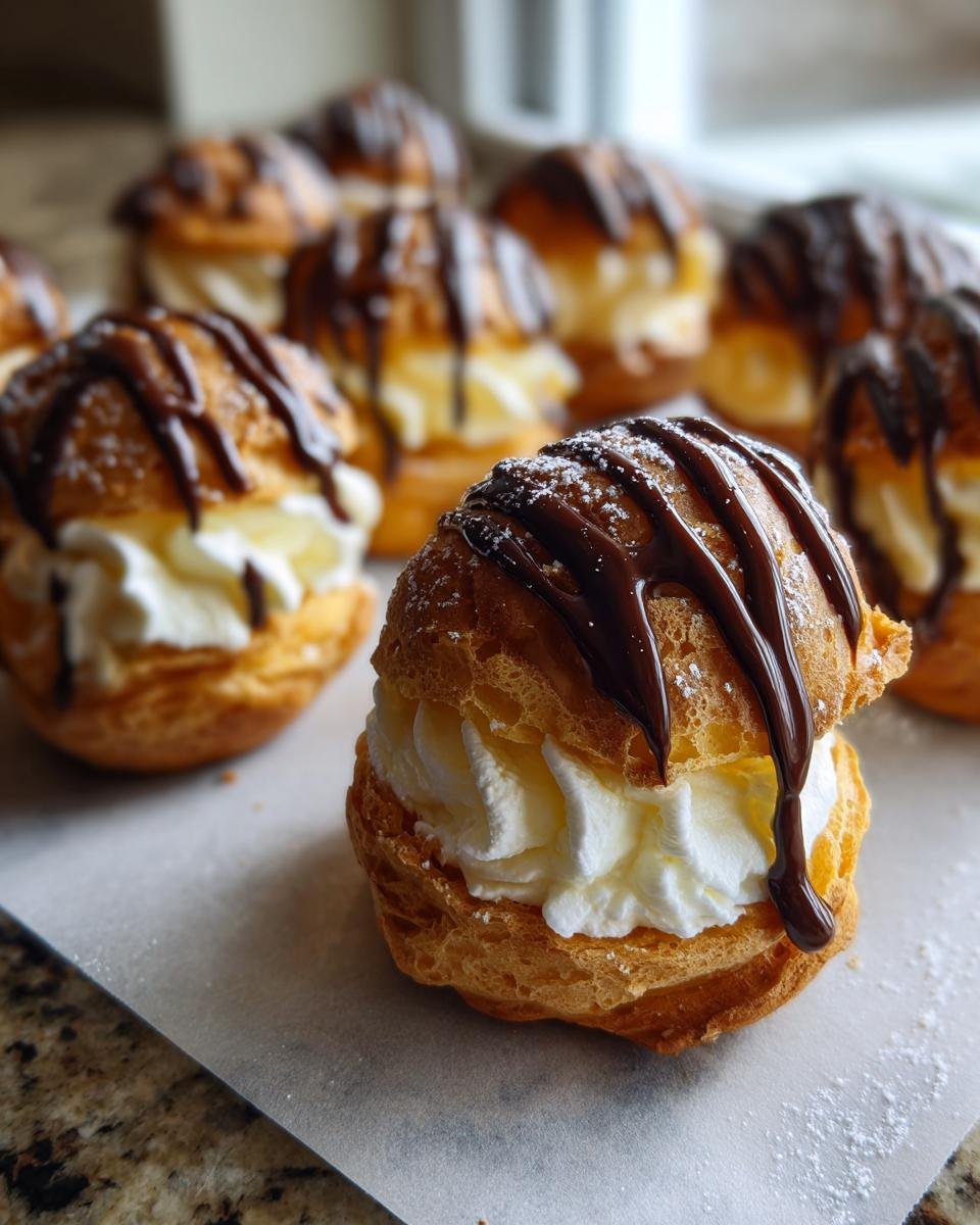 Gros plan de profiteroles classiques françaises remplies de crème fouettée et nappées de sauce au chocolat.