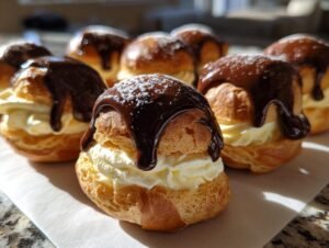 Gros plan sur des profiteroles classiques françaises garnies de crème fouettée et nappées de sauce au chocolat, saupoudrées de sucre glace.