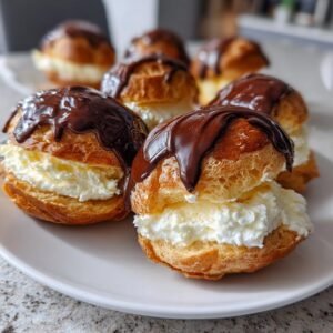 Gros plan sur des Profiteroles Françaises Classiques garnies de crème et nappées de chocolat.