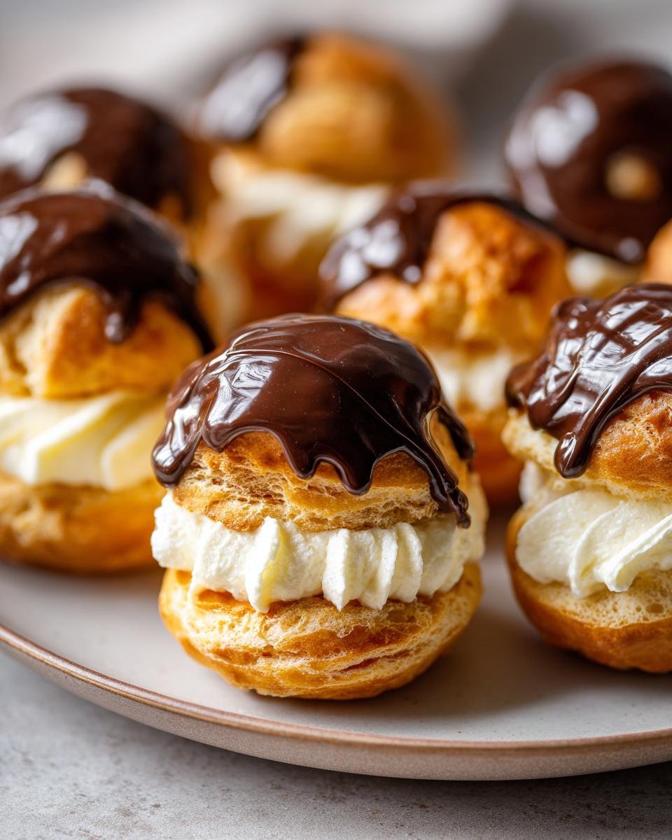 Gros plan sur des Profiteroles Françaises Classiques garnies de crème fouettée et nappées de chocolat noir.