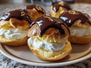 Gros plan sur des Profiteroles Françaises Classiques garnies de crème fouettée et nappées de sauce au chocolat.