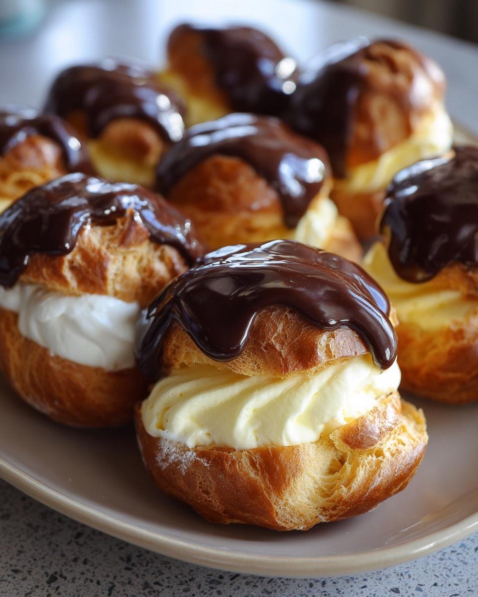 Gros plan sur des Profiteroles Françaises Classiques coupées en deux, garnies de crème pâtissière et nappées de sauce au chocolat.
