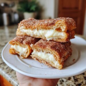 Gros plan de cheesecake churro garni de sucre et de cannelle, avec une garniture crémeuse au fromage.