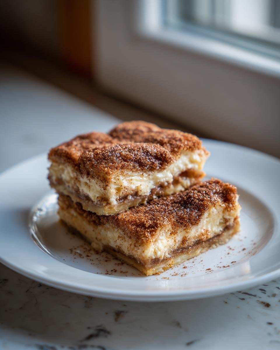 Deux parts de Churro Cheesecake empilées sur une assiette blanche, saupoudrées de cannelle et de sucre.