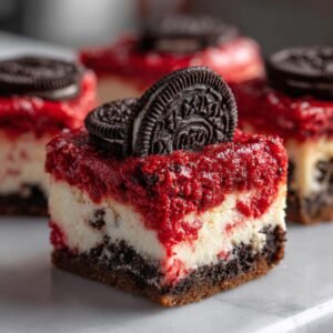 Gros plan d'une part de Red Velvet Oreo Cheesecake, garnie d'un Oreo.
