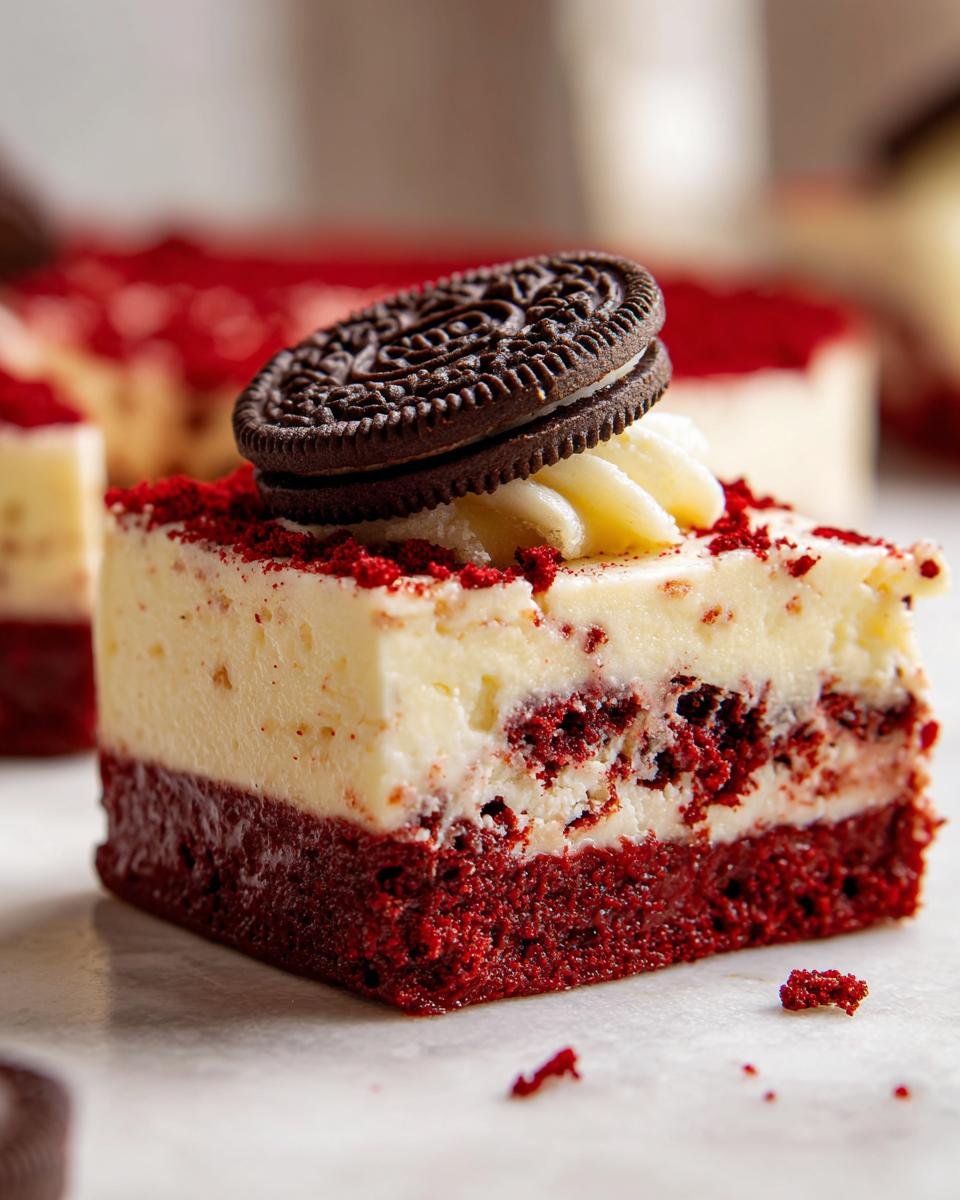 Red Velvet Oreo Cheesecake : 1 recette divine 2 Gros plan d'une tranche de Red Velvet Oreo Cheesecake, garnie d'un Oreo et de crème.