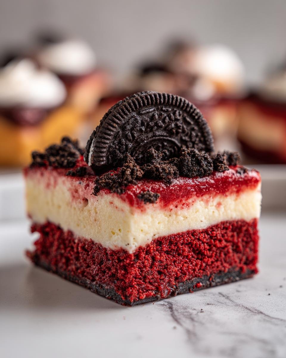 Red Velvet Oreo Cheesecake : 1 recette divine 3 Gros plan d'une tranche de Red Velvet Oreo Cheesecake, garnie d'un Oreo et de miettes d'Oreo.