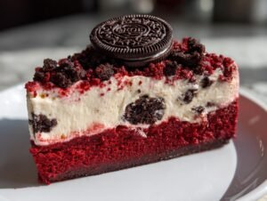 Gros plan d'une tranche de Red Velvet Oreo Cheesecake, garnie d'un Oreo et de miettes de gâteau.