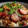 Rougail saucisse réunionnais authentique avec riz basmati et ciboulette