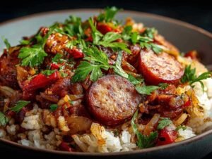 Rougail saucisse réunionnais authentique avec riz basmati et ciboulette