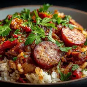 Rougail Saucisse Réunionnais 3 Rougail saucisse réunionnais authentique avec riz basmati et ciboulette