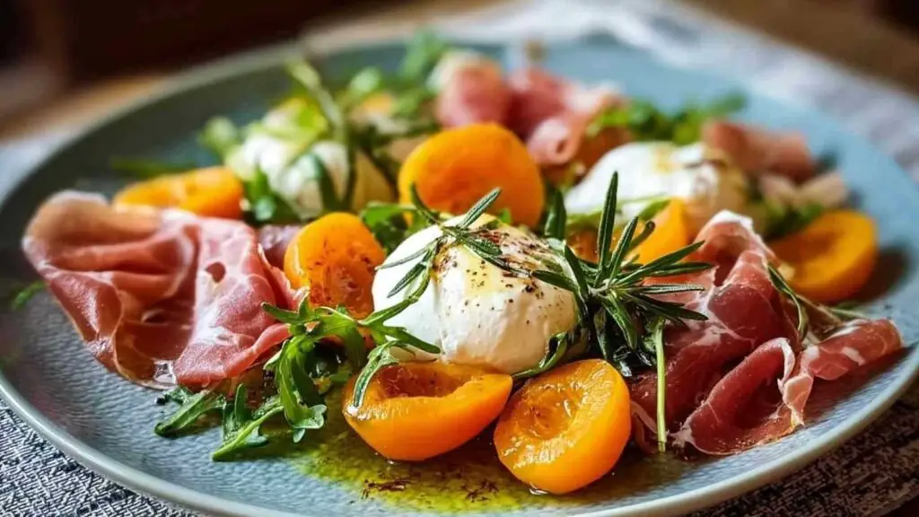 Salade d'Abricots Rôtis au Romarin 1 salade abricots rotis romarin burrata jambon parme 1 Salade d'Abricots Rôtis au Romarin