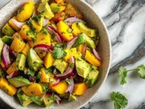 Salade colorée avec dés d'avocat et mangue dans un bol blanc