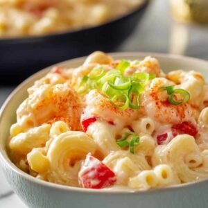Salade de macaroni aux crevettes crémeuse avec légumes colorés