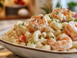 Salade de macaroni aux crevettes dans un grand bol blanc