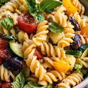 Salade de Pâtes aux Légumes 3 Salade de pâtes colorée aux légumes frais dans un grand bol