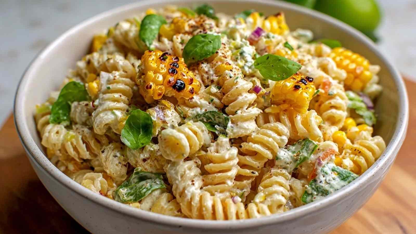 Salade de pâtes colorée avec maïs grillé et herbes fraîches dans un grand saladier