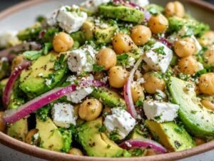 Bol de salade colorée avec pois chiches, avocat et féta