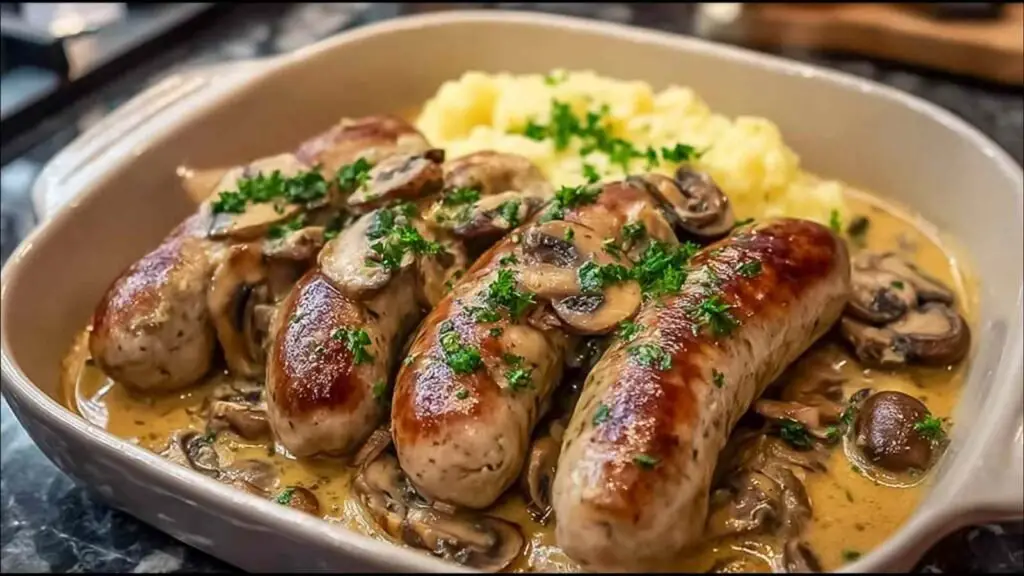 Saucisses de Toulouse moutarde champignons sauce crémeuse dans poêle
