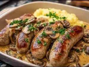 Saucisses de Toulouse moutarde champignons sauce crémeuse dans poêle