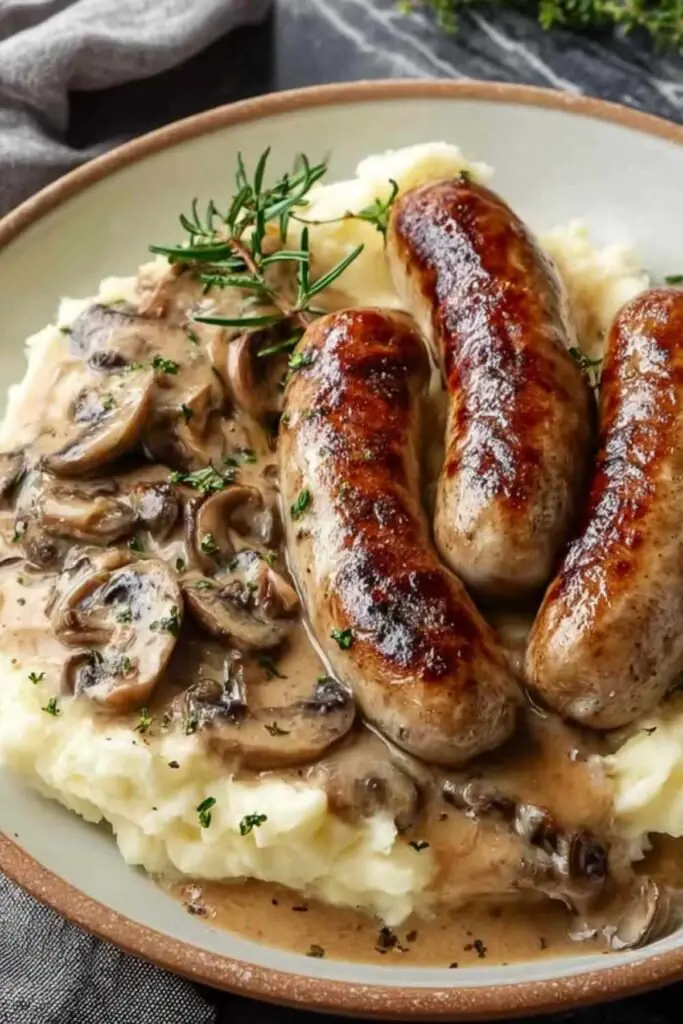 Saucisses de Toulouse moutarde champignons sauce crémeuse dans poêle