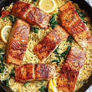 Saumon grillé sur lit d'orzo crémeux aux épinards dans une poêle