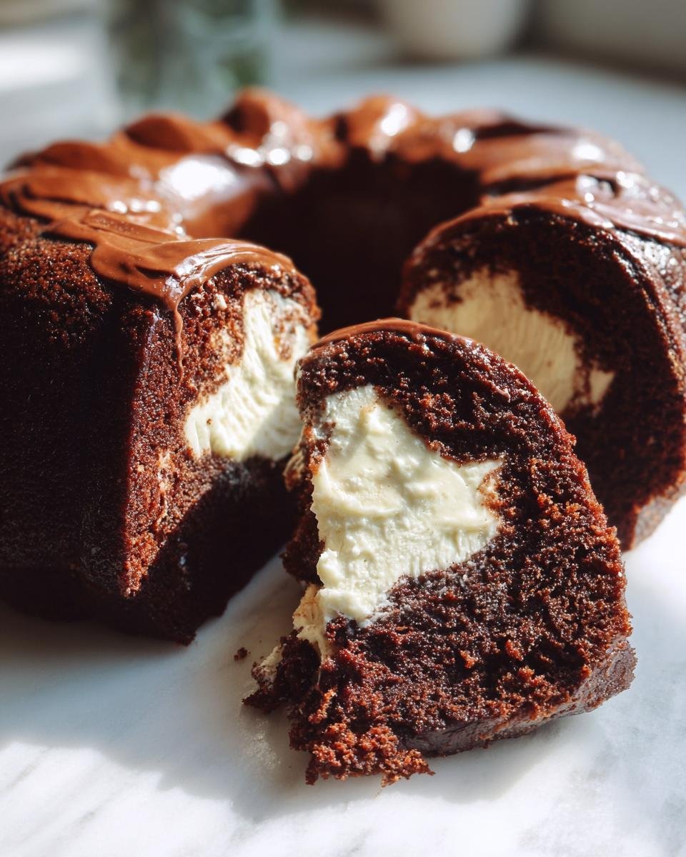 Schoko-Gugelhupf Cheesecake : 450 calories folles 4 Gros plan d'une tranche de Schoko-Gugelhupf Cheesecake au chocolat avec un cœur crémeux au fromage.