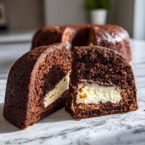 Gros plan d'une tranche de Schoko-Gugelhupf avec garniture au cheesecake, montrant la texture du gâteau au chocolat et la garniture crémeuse.