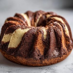 Gros plan d'un Schoko-Gugelhupf Cheesecake marbré au chocolat et à la vanille.