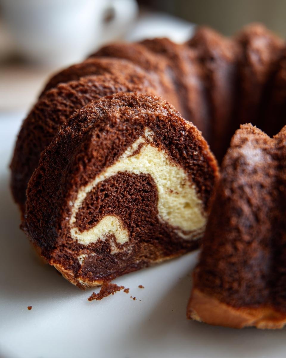 Schoko-Gugelhupf Cheesecake : 450 calories folles 2 Gros plan d'une tranche de Schoko-Gugelhupf Cheesecake marbré chocolat et vanille.